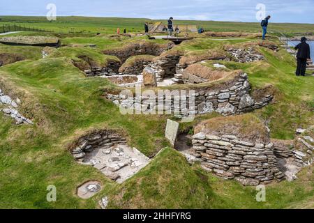 Neolithische Siedlung von Skara Brae neben der Bay of Skaill in der Nähe von Sandwick auf dem Festland Orkney in Schottland Stockfoto