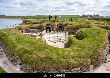 Neolithische Siedlung von Skara Brae neben der Bay of Skaill in der Nähe von Sandwick auf dem Festland Orkney in Schottland Stockfoto