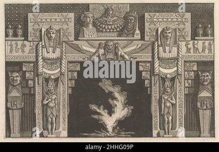 Chimneypiece im ägyptischen Stil, von diversen Maniere d'adornare i cammini (...) (Verschiedene Arten der Verzierung von Schimneystücken und allen anderen Teilen von Häusern) ca. 1769 Giovanni Battista Piranesi Italienisch der lange Essay, der die "vielfältige maniere" eröffnet, ist Kardinal Rezzonico, Neffe von Papst Clemens XIII. Und einem der glühenden Anhänger Piranesis, gewidmet, ist aber angesichts der parallelen Texte in Italienisch, Englisch und Französisch eindeutig für ein breites Publikum bestimmt. Während die 'Antichità Romane' eine wissenschaftliche Arbeit war, die sich an Antiquare und Architekten richtete, richtet sich diese Publikation in erster Linie an Stockfoto