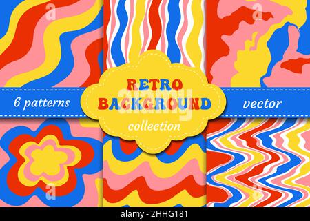 Set von trendigen Retro 1970s Stil abstrakte Poster Hintergrund. Trippiges und verzerrtes Bild, psychedelischer Hippie-Stil. Vektorgrafik. Stock Vektor