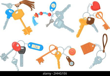 Cartoon Schlüsselanhänger. Wohnungsschlüssel mit Schlüsselanhänger, Schlüsselanhänger, Schlüsselanhänger und Schlüsselhalter für Zuhause, Schutz vor Schlüsselbund-Verlust, Immobilientasche. Abbildung von Schlüsselbund und Schlüssel für Wohnung Stock Vektor