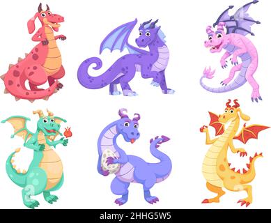 Magische fliegende Drachen. Cartoon Fee Kreatur, lustige Fantasy Kreaturen Charaktere, Märchen Tiere, Reptilien Sammlung, Feuer Drachen, fliegen Maskottchen Baby Phantasie Vektor. Abbildung des Drachentieres Stock Vektor