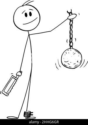 Person entfernt Ball und Kette aus seinem Bein, entkam für Freiheit Vektor Cartoon Stick Figur Illustration Stock Vektor