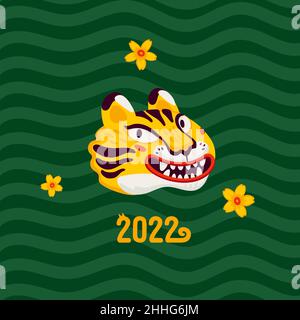 Tiger Neujahrskarte, glückliche 2022 Neujahrskarte mit Tigern Gesicht das Symbol des chinesischen neuen Jahres. Vektorgrafik im organischen flachen Stil. Stock Vektor