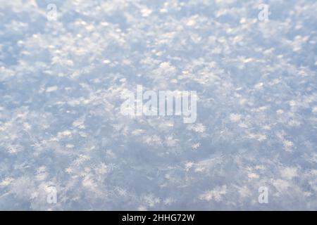 Wunderschöne Schneeflocken-Kristalle leuchten in den Strahlen der Sonne, auf flauschigem Schnee, an einem frostigen Tag. Speicherplatz kopieren. Hintergrund. Stockfoto