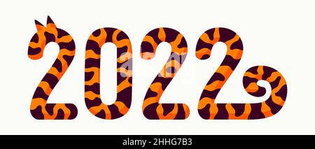 Tiger Neujahrstext, glückliche Neujahrskarte 2022 mit gestreiften Zahlen das Symbol des chinesischen Neujahrs. Vektorgrafik im organischen flachen Stil. Stock Vektor