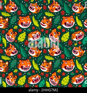 Tiger Nahtloses Muster, Vektor-Tierdruck mit niedlichen Tigern und tropischen Blättern. Vektorgrafik im organischen flachen Stil. Stock Vektor