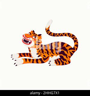 Tiger Vektor-Illustration, Cartoon orange Tiger - das Symbol des chinesischen neuen Jahres. Organische Vektorgrafik im flachen Stil auf weißem Hintergrund. Stock Vektor