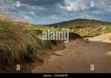 Marram Grass Ammophila arenaria wächst auf dem Küstenpfad, der zum kleinen weißen Aussichtsturm auf dem Gipfel des Towan Head in Newquay in Cornwa führt Stockfoto