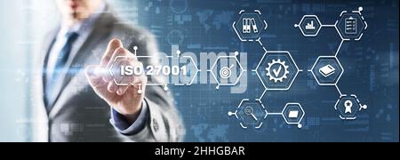 ISO 27001. Internationaler Informationssicherheitsstandard. Konzept der ISO-Normen Qualitätskontrolle Garantie. Stockfoto