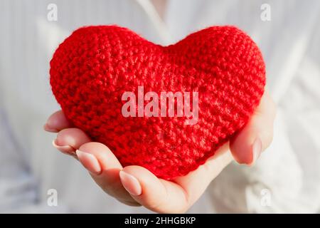 Das Konzept von Pflege, Liebe und Valentinstag. Rotes Herz in einer weiblichen Hand. Herz-Kreislauf-Erkrankungen. Selektiver Fokus. Stockfoto