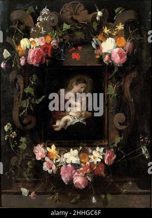 Steinkartusche mit Blumen und der Madonna mit dem Kind. Stockfoto