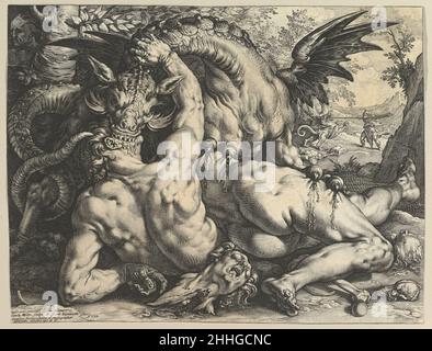 Der Drache verschlingt die Gefährten des Cadmus 1588 Hendrick Goltzius Niederlandisch im Jahr 1588 machte Goltzius mehrere ikonische Drucke, die über den eleganten Manierismus von Bartholomeus Spranger hinaus zu einem übertriebenen muskulösen Stil trieben. Am dramatischsten ist vielleicht diese entsetzliche Darstellung des Drachen, der die Gefährten von Cadmus verschlingt, nach einem Gemälde von Cornelis Cornelisz. Van Haarlem in der National Gallery, London (Beitritts-Nr. L NG1893, S. Das Thema ist dem III. Buch über die Metamorphosen Ovids entnommen. Der Stich illustriert zwei Szenen aus der Geschichte von Cadmus, dem Prinzen von Tyrus, dessen Schwester Stockfoto