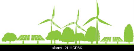 Nachhaltige grüne Energie Konzept Banner, Solarpark auf grünem Boden mit Bäumen, Vektor-Illustration Stock Vektor