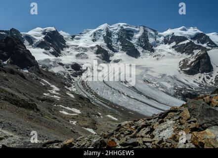 Der Morteratschgletscher, oder Morteratschgletscher, in der Bernina-Bergkette, Schweizer Alpen, Engadin, Schweiz. Ein sich schnell zurückziehend Gletscher. Stockfoto
