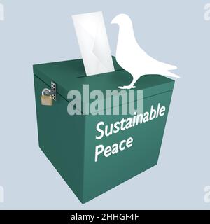 3D Illustration einer weißen Taubensilhouette auf einer Wahlurne und einer Schrift für nachhaltigen Frieden auf seiner Seite, isoliert auf hellblauem Hintergrund. Stockfoto