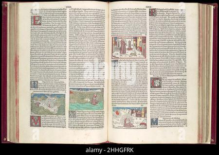 Die Malermi-Bibel, Band II 15. Oktober 1490 Niccolò Malèrmi Italienisch Diese Ausgabe von Niccolò Malermis italienischer Übersetzung der Bibel aus dem Jahr 1490 ist eines der frühesten, feinsten und am meisten illustrierten Beispiele des 'goldenen Zeitalters' der venezianischen Buchillustration. Charakteristisch für das venezianische Verlagswesen ist die reich verzierte Seite, die das Buch der Sprüche öffnet und an die Eröffnungsseite einer illuminierten Handschrift erinnert. Hier sind Darstellungen von König Solomon beim Schreiben (vermutlich die Sprichwörter) und der Aufnahme eines Publikums von seinem bequemen Thron von einem aufwendigen architektonischen Rahmen umgeben Stockfoto