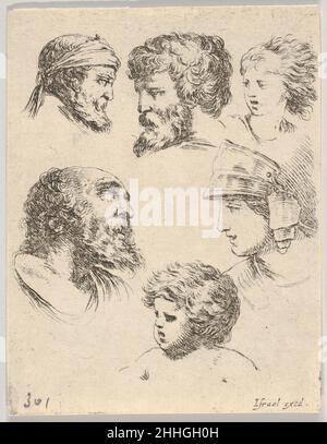 Tafel 10: Sechs Köpfe, drei bärtige Männer, ein Soldat und zwei Kinder aus dem Buch zum Zeichnen (Livre pour apprendre à dessiner) ca. 1649 Stefano della Bella Italienisch. Tafel 10: Sechs Köpfe, drei bärtige Männer, ein Soldat und zwei Kinder aus dem Buch zum Zeichnen (Livre pour apprendre à dessiner). „das Buch zum Zeichnen lernen“ (Livre pour apprendre à dessiner). Stefano della Bella (Italienisch, Florenz 1610–1664 Florenz). Ca. 1649. Radierung. Israël Henriet (Französisch, Nancy ca. 1590–1661 Paris). Ausdrucke Stockfoto