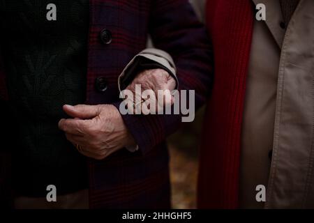 Nahaufnahme eines älteren Paares, das im Herbst beim Spaziergang im Freien in der Stadt die Hände hält. Stockfoto