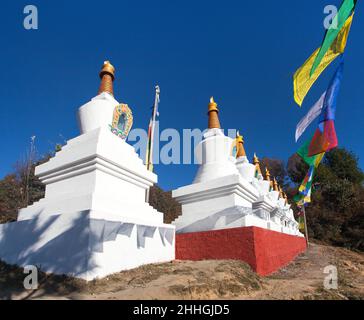 Stupas und Gebetsfahnen im Za-Sa- oder Zasa-Kloster in der Nähe des Sallery Vilage, Khumbu-Tal, Solukhumbu, Nepal Stockfoto