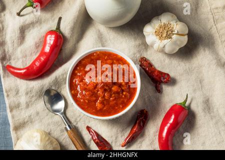 Hausgemachte Bio-rote Harissa-Paste in einer Schüssel Stockfoto