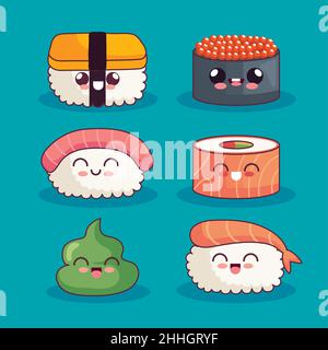 Sechs süße Sushi-Kawaii-Ikonen Stock Vektor