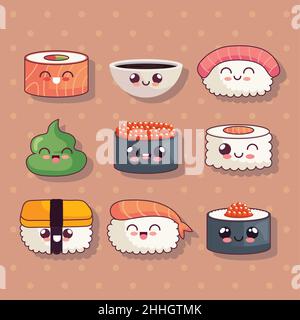 Neun süße Sushi-Kawaii-Ikonen Stock Vektor