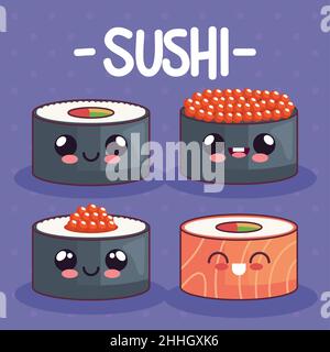 Süße Sushi Kawaii vier Ikonen Stock Vektor