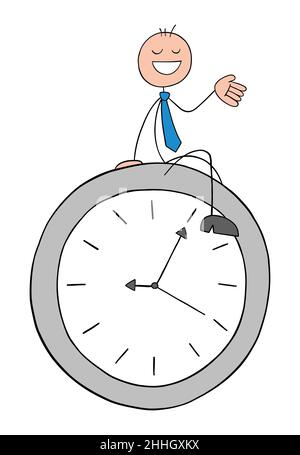 Stickman Geschäftsmann sitzt auf der Uhr und ist sehr glücklich. Handgezeichnete Skizze Cartoon Vektor Illustration. Stock Vektor