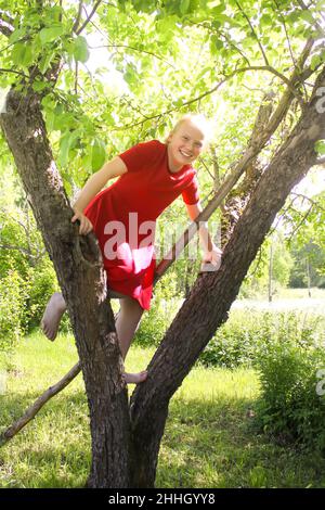 Aktives, glückliches blondes Mädchen, das in einem Sommerpark auf einem Baum klettert Stockfoto