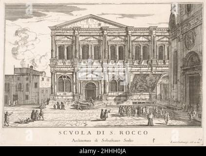 Tafel 37: Seitenansicht der Schule von St. Rochus links und Ansicht der Fassade der Kirche von St. Rochus, Venedig, 1703 aus der Serie 'die Gebäude und Ansichten von Venedig' (Le fabriche e vedute di Venezia) 1703 Luca Carlevaris Italienisch. Tafel 37: Seitenansicht der Schule von St. Rochus links und Ansicht der Fassade der Kirche von St. Rochus, Venedig, 1703 aus der Serie 'die Gebäude und Ansichten von Venedig' (Le fabriche e vedute di Venezia). Die Gebäude und Ansichten von Venedig (Le fabriche e vedute di Venezia). Luca Carlevaris (Italienisch, Udine 1663/65–1730 Venedig). 1703. Radierung Stockfoto