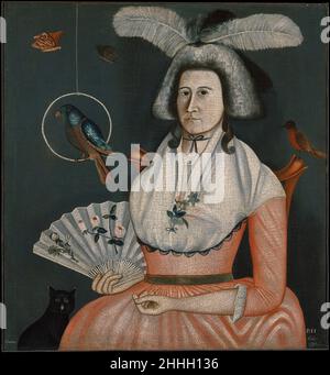 Molly Wales Fobes 1790 Rufus Hathaway der in Massachusetts geborene Hathaway arbeitete als Wanderporträt-Maler, bevor er eine Karriere in der Medizin einging. „Lady with her Pets“ ist sein frühestes bekanntes Werk und zeigt Molly Wales Fobes aus Raynham, Massachusetts. Modisch gekleidet sitzt Molly in einem Stuhl im Chippendale-Stil, umgeben von einer fantastischen Reihe von „Haustieren“, die wahrscheinlich als Embleme ihrer Schönheit, Loyalität und Zuneigung enthalten waren. Sie können auch auf das Interesse ihrer Familie an der Naturgeschichte verweisen, da ihr Vater Professor für natürliche und experimentelle Philosophie war. Die Blumen schmücken sie f Stockfoto