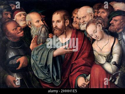 Christus und die Frau im Ehebruch von Lucas Cranach dem Jüngeren (1515-1586), Öl auf Kupferstich, nach 1532 Stockfoto