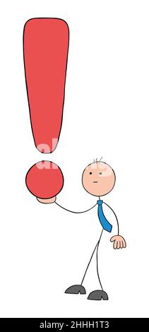 Stickman Geschäftsmann mit Ausrufezeichen. Handgezeichnete Skizze Cartoon Vektor Illustration. Stock Vektor