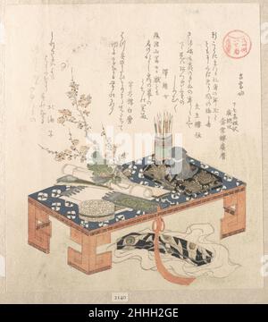 „Schreibtisch mit Schreibset und Pflaumenblumen“ aus der Serie Ise Calendars for the Asakusa Group (Asakusa-gawa Ise goyomi) aus der Spring Rain Collection (Harusame shū), Band 2 vermutlich 1814 (Jahr des Hundes) Kubo Shunman Japanese Surimono sind privat veröffentlichte Holzschnitte, In der Regel von einzelnen Dichtern oder Gedichtgruppen als eine Form der Neujahrskarte in Auftrag gegeben. Die Gedichte, am häufigsten kyōka (geistreicher einsilbiger Vers), die auf den Drucken eingeschrieben sind, enthalten in der Regel gelungene Bilder, die mit dem Frühling verbunden sind, der im Mondkalender am ersten Tag des ersten Monats beginnt. Sie Stockfoto