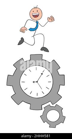 Stickman Geschäftsmann läuft auf Spinning Getriebe mit Uhr und glücklich. Handgezeichnete Skizze Cartoon Vektor Illustration. Stock Vektor