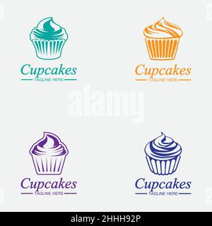 Set Cupcake Logo Design Vektor-Vorlage. Cupcakes-Backwarensymbol. Stock Vektor