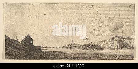 Passau 1652–77 Wenceslaus Hollar Böhmische Flusslandschaft an der Donau, mit Hütte im Vordergrund am linken Ufer, Blick auf Passau und den St.-Georgs-Berg mit Bischofsburg auf der rechten Seite. Passau 360668 Stockfoto