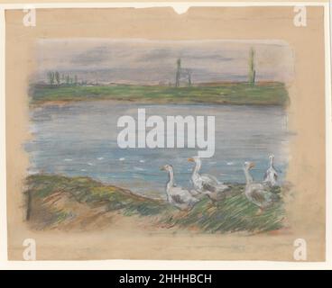 Vier Gänse am Fluss 1885–1897 Alfred Sisley Brite in den Jahren 1880s und 90s verwendete Sisley zunehmend das Medium Pastell. Mit minimalem Detailreichtum betont dieses Beispiel die horizontalen Streifen mit Streifen, abwechselnd blau und grün, zwischen Himmel, Fluss und Land auf beiden Seiten. Vor diesem Hintergrund stehen die vier Gänse, ein Motiv, zu dem der Künstler während seiner späten Karriere immer wieder zurückkehrte. Vier Gänse am Fluss. Alfred Sisley (Brite, Paris 1839–1899 Moret-sur-Loing). 1885–1897. Pastell auf schwerem cremefarbenem Papier. Zeichnungen Stockfoto