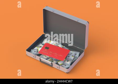 Ein offener Koffer mit vielen Banknoten neben einer Plastikkarte. Großer Gewinn. Bargeld, nicht bar und Banküberweisung. Finanzoperationen. Einsparungen. Zoll Stockfoto