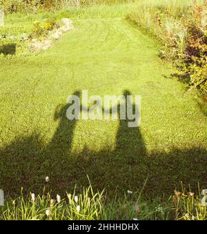 Silhouette von Schatten von Mutter und Tochter auf einem grünen Sommer Gras Hintergrund. Stockfoto