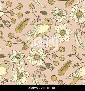 Vintage ästhetische Vogel Boho floralen nahtlose Muster mit Blume Stock Vektor