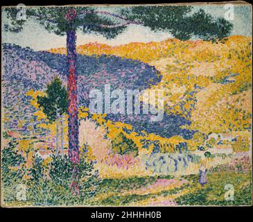 Tal mit Fir (Schatten auf dem Berg) 1909 Henri-Edmond-Kreuz (Henri-Edmond Delacroix) Französisch Henri-Edmond-Kreuz war ein Praktizierender der neoimpressionistischen Stil der Malerei, Eine kurzlebige Avantgarde-Bewegung im späten 19. Jahrhundert, die die Verwendung separater Berührungen von ineinander verwobenen Pigmenten betonte, um eine größere Farbbrigkeit im Auge des Betrachters zu erreichen. Cross führte diese Landschaft mit einer Palette von kontrastierenden Farbtönen aus, wobei er eine Technik verwendete, die er von Georges Seurat zu Beginn seiner Karriere adaptierte. Farbstriche werden in unterschiedlicher Dichte über die Leinwand geschichtet, während sie auch auslaugen Stockfoto