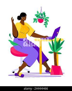 Remote Work – farbenfrohe Illustration im flachen Design mit einer Zeichentrickfigur. Afroamerikanische schöne Frau arbeitet von zu Hause aus auf ihrem Laptop, weil Stock Vektor