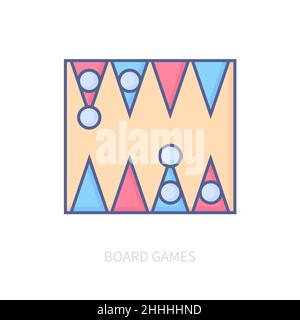 Brettspiele - modernes Liniendesign-Symbol auf weißem Hintergrund. Ordentliches detailliertes Bild des klassischen Boards für Backgammon. Hobby, angenehmer Abend, Paar en Stock Vektor