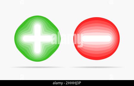 Grünes Plus und rotes Minus. Vektorgrafik. Plus- und Minus-runde Symbole auf weißem Hintergrund. Stock Vektor