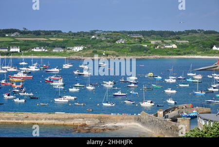 Blick von der Spitze des Garrison Hill an einem Sommerabend auf den vollen Hafen mit Britannia am Old Quay auf St. Marys, Isles of Scilly.Cornwal Stockfoto