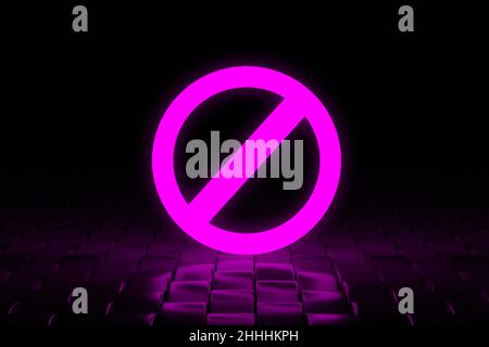 Leuchtendes Verbotszeichen der samtvioletten Farbe. Neoneffekt. Geschlossener Zugang. Verbotene Informationen. Blockieren des Internets, der Website. 3D Rendern Stockfoto