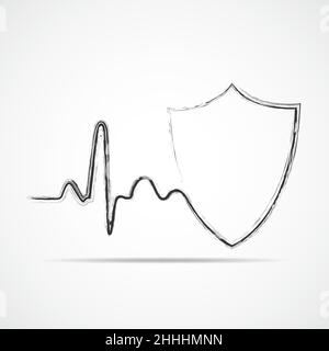 Handgezeichnetes Schildsymbol mit Herzschlagzeichen, isoliert. Vektorgrafik. Konzept des kardiologischen Schutzes Stock Vektor
