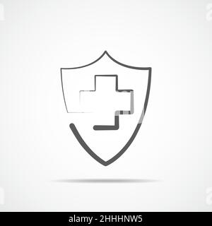 Schildsymbol mit medizinischem Kreuz, isoliert. Vektorgrafik. Konzept des Gesundheitsschutzes Stock Vektor